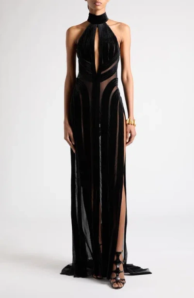 Tom Ford Stretch Tulle And Velvet Halterneck Evening Dress In Black