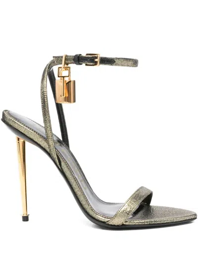 Tom Ford Hammered-effect Fabric Padlock Pointy Naked Sandals Shoes In Gray