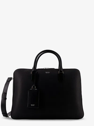 Tom Ford Hammered Leather Working Bag With Logo On The Front In Black