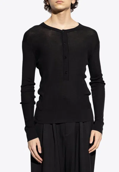 Tom Ford Henley Long-sleeved Rib Knit T-shirt In Black