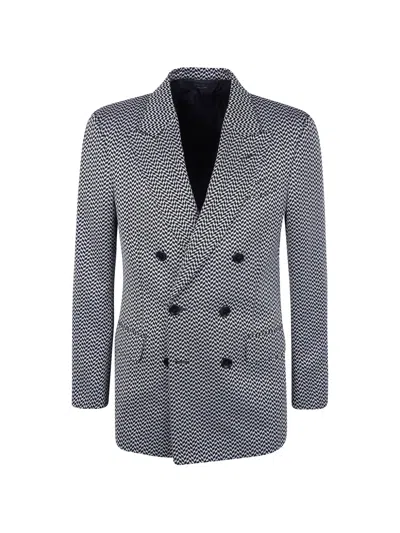 Tom Ford Jacquard Geometric Design Double Breasted Jacket In Gray