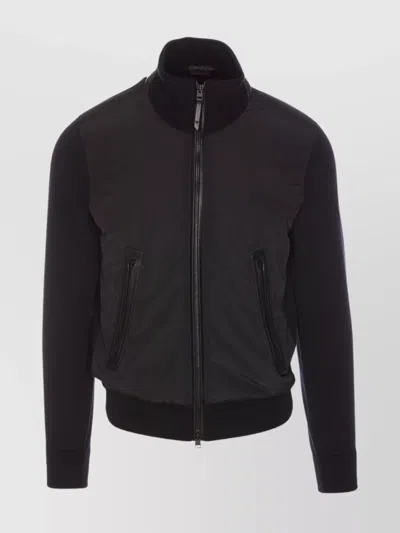 Tom Ford High Neck Leather Detail Down Jacket In Blue