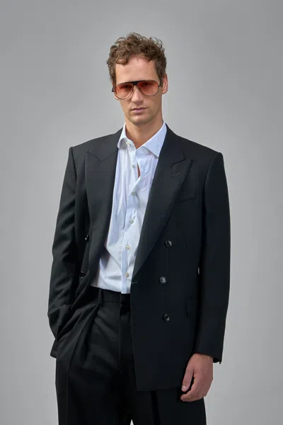 Tom Ford High Twist Broken Twill Double-breasted Jacket In Black