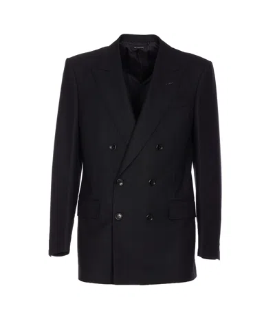 Tom Ford High Twist Double Breasted Jacket In Black