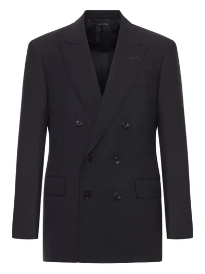 Tom Ford High Twist Double Breasted Wool Jacket In Blue