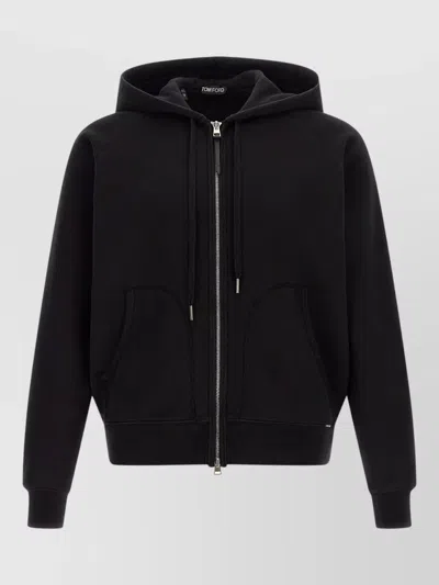 Tom Ford Hooded Cotton Jacket Drawstring Kangaroo Pockets In Black