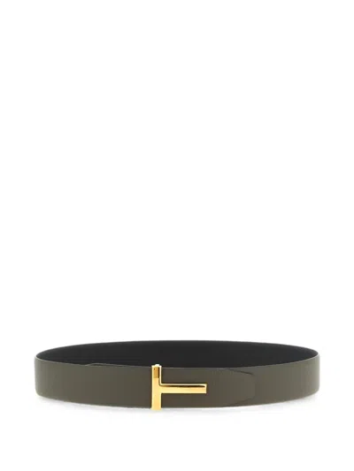 Tom Ford T Icon Reversible Hammered Leather Belt With Monogram Buckle In Green
