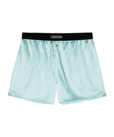 Tom Ford Silk Satin Boxer Shorts With Elastic Waistband In Cyan