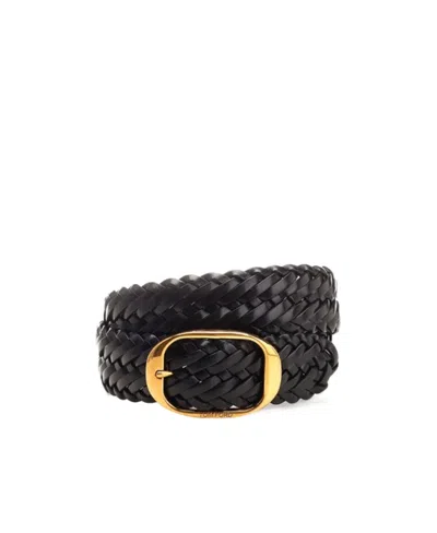 Tom Ford Interwoven Leather Buckle Belt In Black