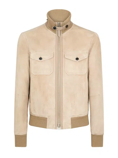 Tom Ford Khaki Chest Pocket Suede Bomber Jacket In Gold