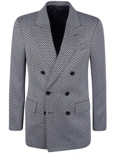 Tom Ford Jacquard Geometric Design Double Breasted Jacket In Gray