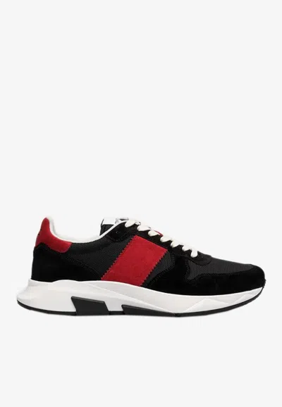 Tom Ford Men's Jagga Mesh And Suede Low-top Sneakers In Blk/red
