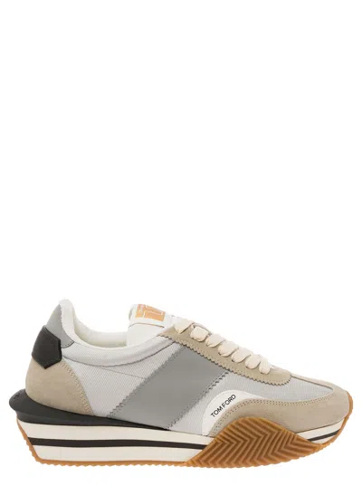 TOM FORD TOM FORD JAMES BEIGE AND SILVER LOW TOP SNEAKERS WITH LOGO DETAIL IN LYCRA AND SUEDE MAN