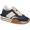 Tom Ford Mens Blue James Logo-print Leather And Suede Low-top Trainers In Midnight Blue/beige/cream