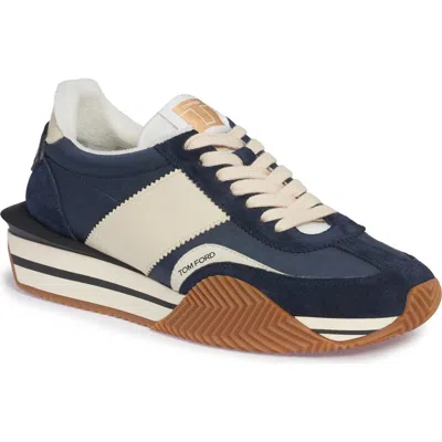 Tom Ford James Mixed Media Low Top Sneaker In Midnight Blue/beige/cream