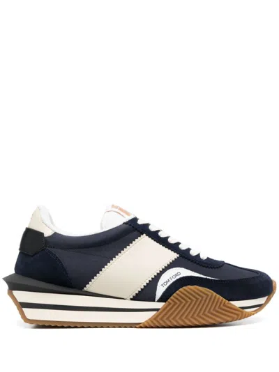 Tom Ford Mens Blue James Logo-print Leather And Suede Low-top Trainers In Midnight Blue Beige Cream