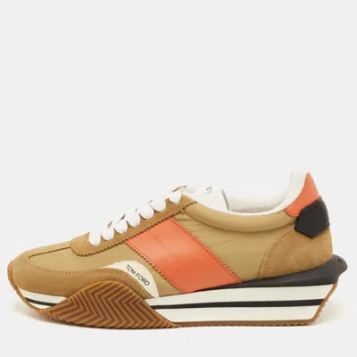 Pre-owned Tom Ford James Size 42 Brown/orange Canvas And Suede Low Top Sneakers