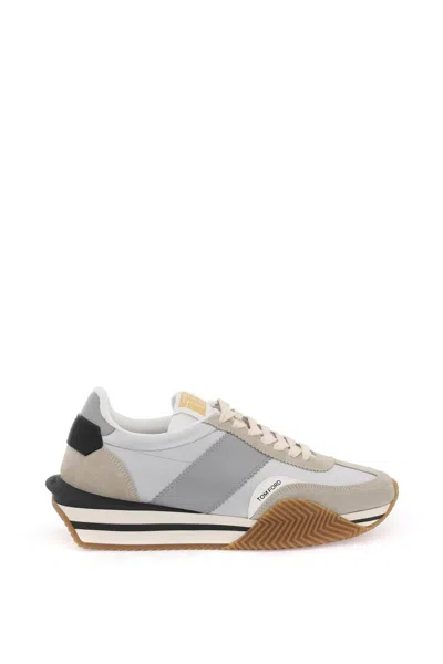 Tom Ford James Sneakers In Lycra And Suede Leather In Beige,grey