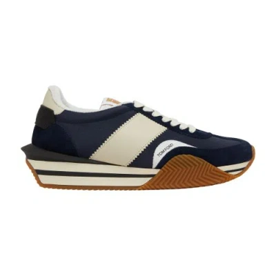 Tom Ford James Panelled Leather Sneakers In Midnight_blue_beige_cream