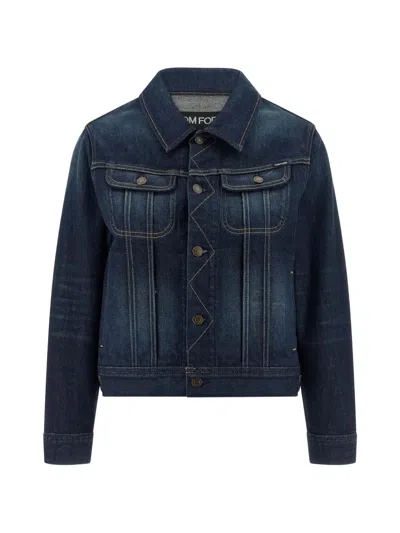 Tom Ford Japanese Denim Jacket Long Sleeves Collar In Blue