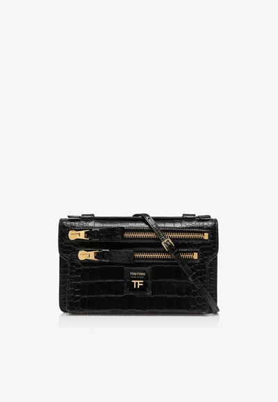 Tom Ford Jennifer Crossbody Bag In Croc Embossed Leather In Black