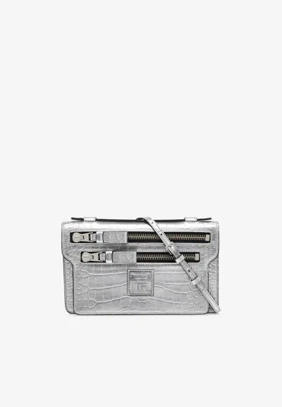 Tom Ford Jennifer Crossbody Bag In Metallic Croc Embossed Leather In Silver