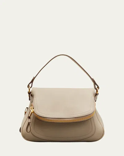 Tom Ford Jennifer Medium Double Strap Bag In Grained Leather In Silk Taupe