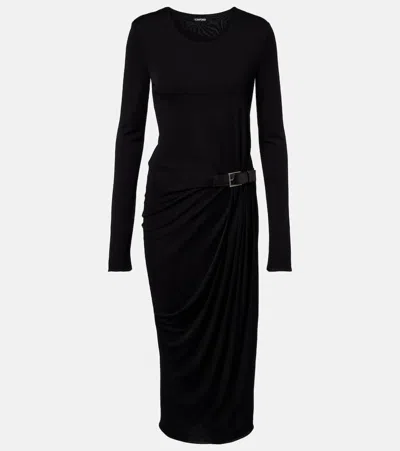 Tom Ford Draped Jersey Dress With Leather-strap In Black