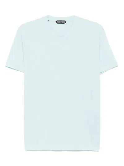 Tom Ford Mens Brand-embroidery Crewneck Woven T-shirt Glass Blue