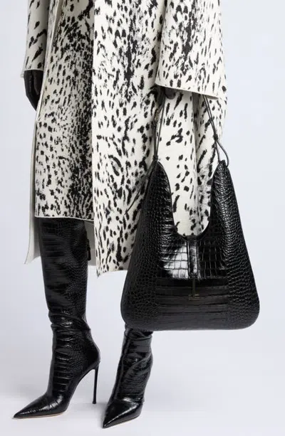 Tom Ford Kara Medium Croc Embossed Leather Hobo In Black