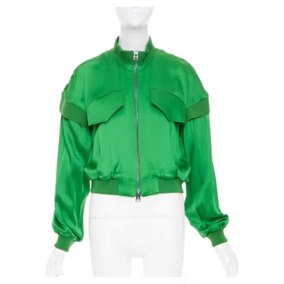 Pre-owned Tom Ford Kelly Green Satin Panel Long Sleeve Zip Up Cropped Bomber Jacket Fr36 S