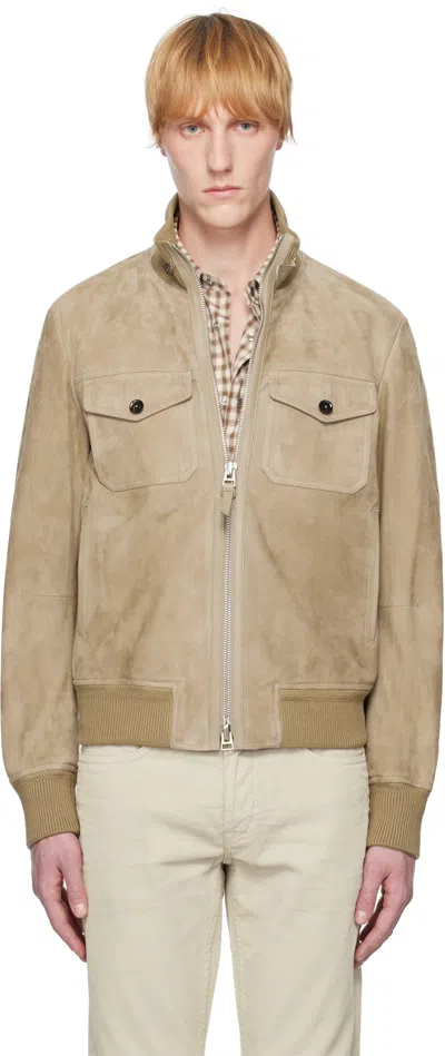 Tom Ford Khaki Chest Pocket Suede Bomber Jacket