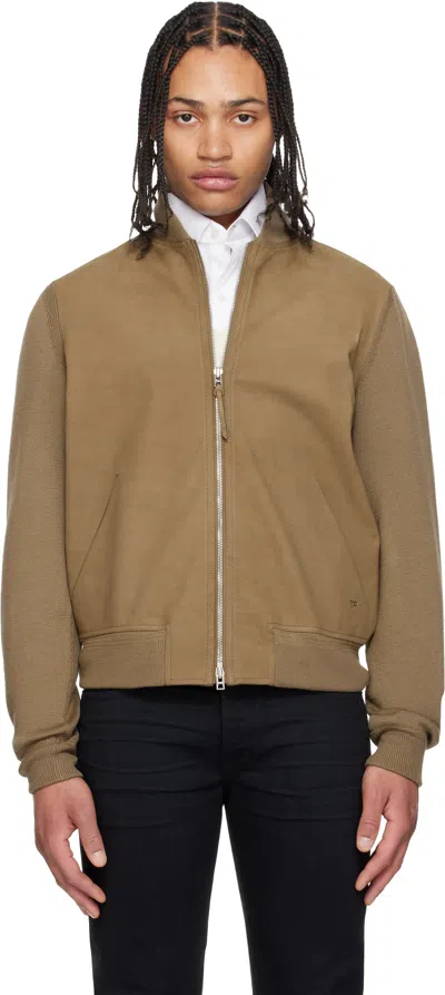 Tom Ford Khaki Nubuck Front Merino Bomber Jacket In Brown