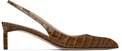 Tom Ford Khaki Shiny Stamped Crocodile T Slingback Heels In Brown