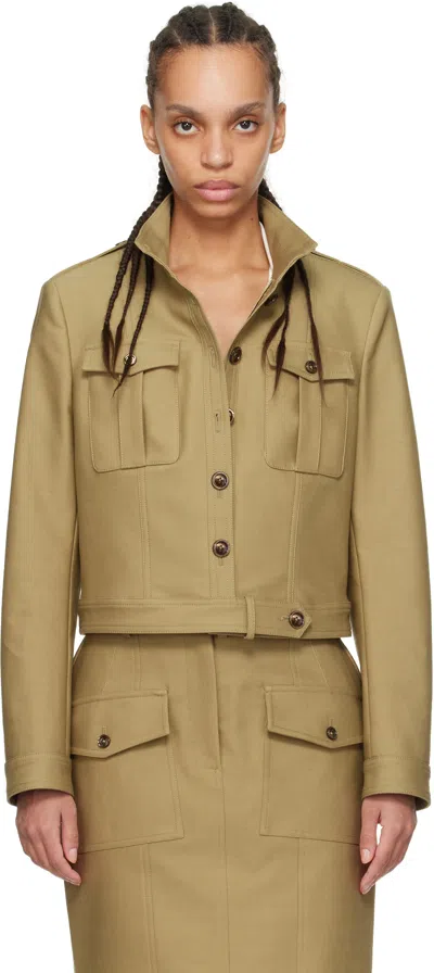 Tom Ford Khaki Stand Collar Cropped Safari Jacket In Fg510 Khaki Green