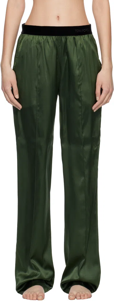 Tom Ford Khaki Stretch Silk Satin Pj Lounge Pants In Green