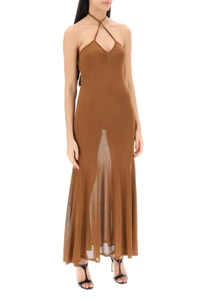 Tom Ford Slinky Viscose Jersey Knit Halterneck Maxi Dress In Brown