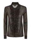 Tom Ford Ruffled Sheer Fabric Long Sleeves Top In Brown
