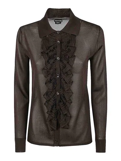 Tom Ford Ruffled-trim Semi-sheer Shirt In Brown