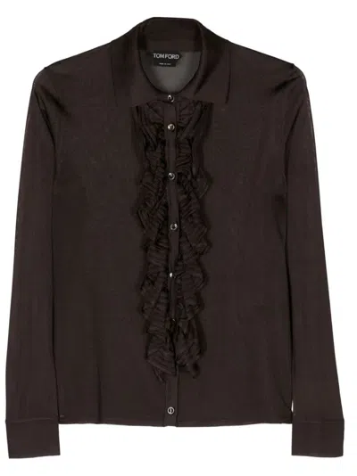 Tom Ford Ruffled-trim Semi-sheer Shirt In Brown