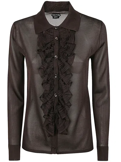 Tom Ford Ruffled Sheer Fabric Long Sleeves Top In Brown