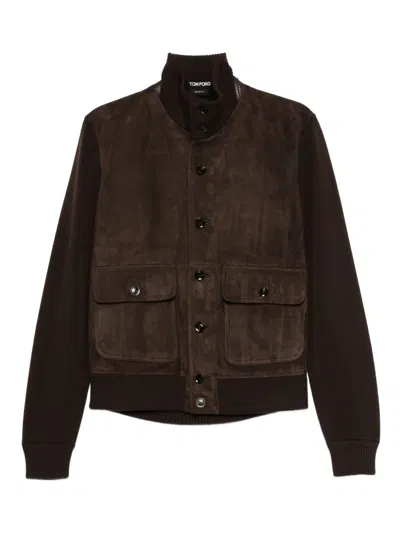 Tom Ford Knitted-sleeves Suede Jacket In Brown