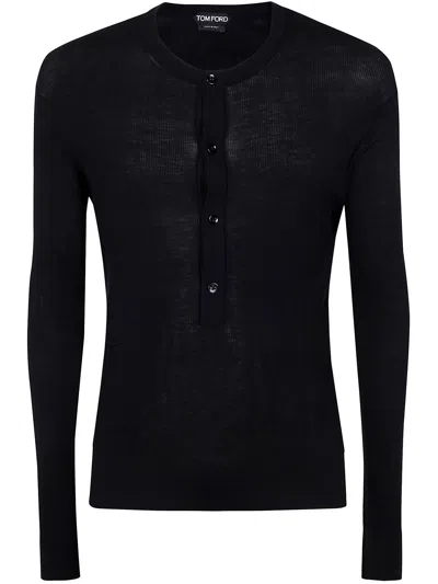 Tom Ford Fine-knit Silk Henley Top In Black