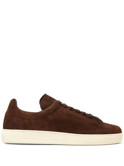 Tom Ford Lace Up Logo-print Trainers In Brown