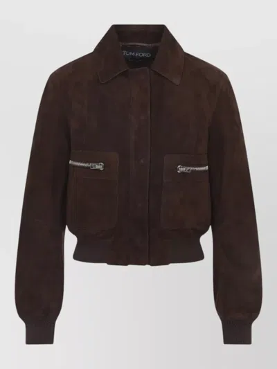 Tom Ford Lambskin Suede Bomber Jacket Point Collar In Brown