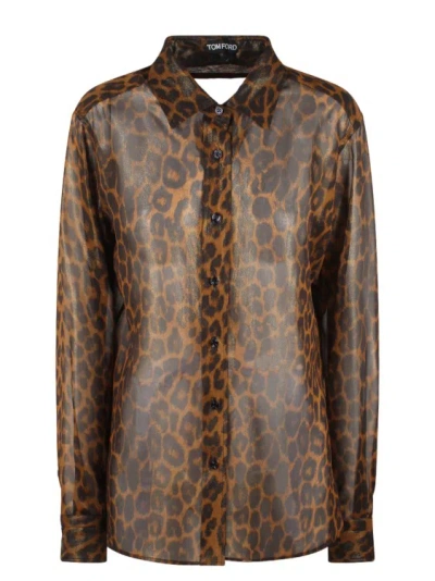 TOM FORD LAMINATED LEOPARD PRINTED GEORGETTE SHIRT