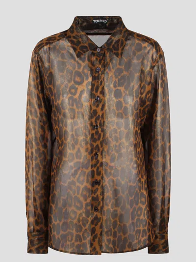 TOM FORD TOM FORD LAMINATED LEOPARD PRINTED GEORGETTE SHIRT