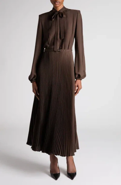 Tom Ford Lavalliere Pleated Long Sleeve Shirtdress In Brown
