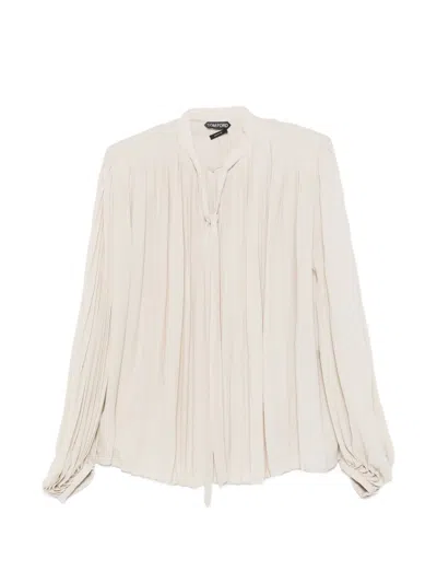 Tom Ford Pleated Pussy-bow Long-sleeve Maxi Dress In White