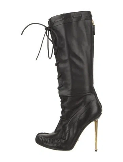 Pre-owned Tom Ford Leather Animal Print Lace-up Boots In Black